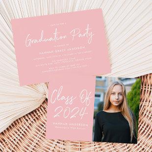 Modern Script Blush Pink Photo Graduation Party Invitation