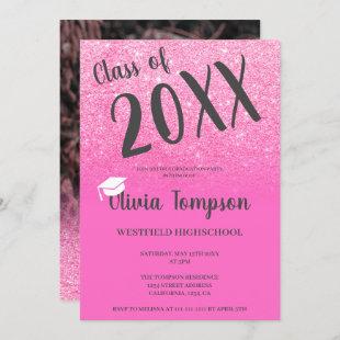 Modern script neon pink glitter graduation photo invitation