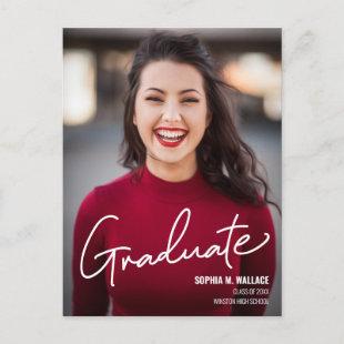Modern Script Personalized Graduate Photo Announcement Postcard