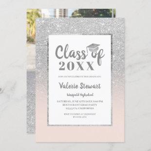 Modern silver glitter class of photo graduation invitation