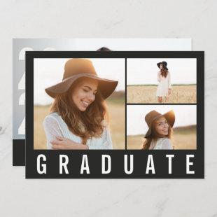 Modern simple 3 photo graduation simple black chic announcement