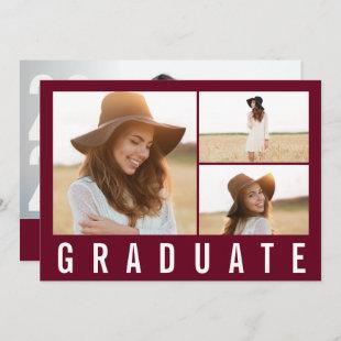 Modern simple 3 photo graduation simple burgundy announcement
