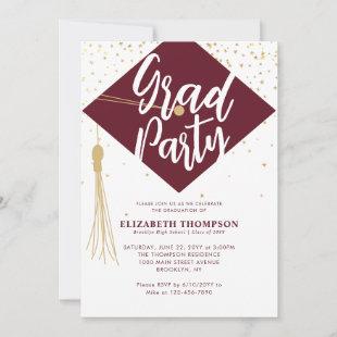 Modern Simple Burgundy Gold GRAD Graduation Party Invitation