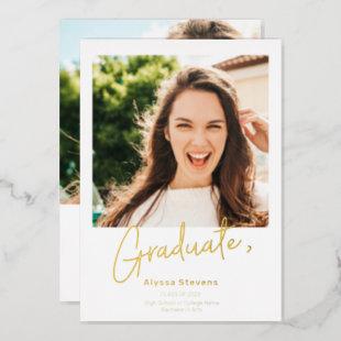 Modern simple gold white 2 photos graduation foil invitation