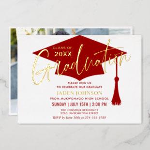 Modern Simple Golden Red Graduation Party Foil Invitation
