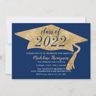 Modern Simple Navy Blue Gold Graduation Hat Invitation