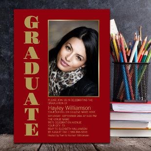 Modern Simple Red Gold Photo Graduation Party Invitation