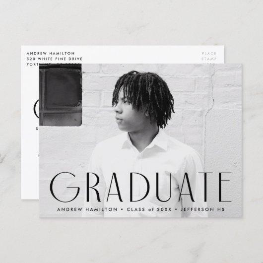 Modern Simplicity Black Photo Graduation Party Invitation Postcard