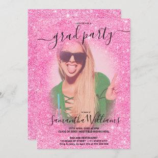 Modern sparkles pink glitter photo graduation invitation