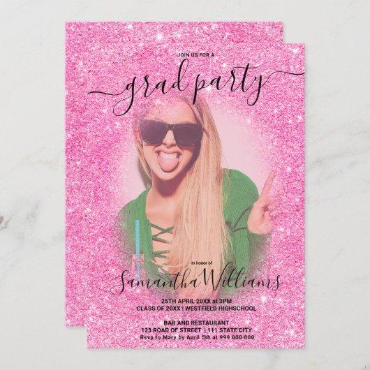 Modern sparkles pink glitter photo graduation invitation