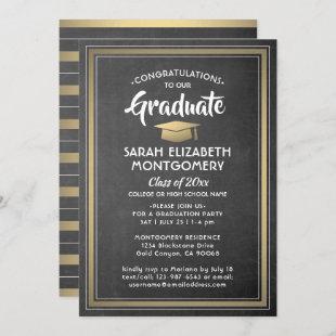 Modern Stripes Chalkboard Black & Gold Graduation Invitation