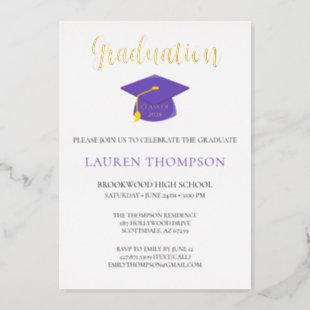 Modern Stylish Graduation Photo Purple Gold Foil Invitation