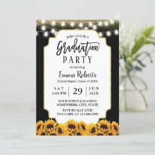 Modern Sunflower Floral Graduation Party Black Invitation