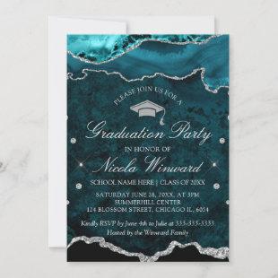 Modern Teal Marble Agate Graduation Party Invitation