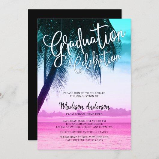 Modern Teal Pink Tropical Beach Graduation Party Invitation