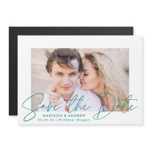 Modern Teal Script Photo Save the Date Magnetic Invitation