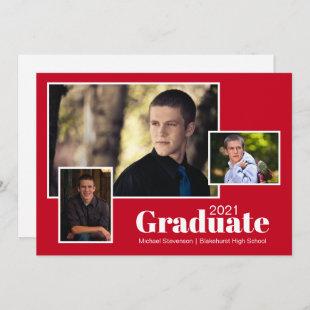 Modern Three Photo Red and White Graduation Party Invitation