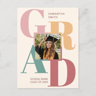 Modern Trendy Colorful Script Photo Graduation Announcement Postcard