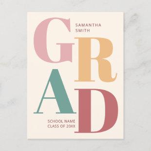 Modern Trendy Colorful Typography Graduation Announcement Postcard