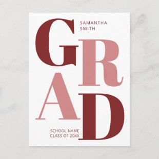 Modern Trendy Red Pink Typography Girl Graduation Invitation Postcard