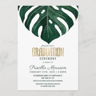 Modern Tropical Swiss Cheese Leaf Gold Graduation Invitation