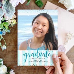 Modern turquoise glitter script photo graduation announcement