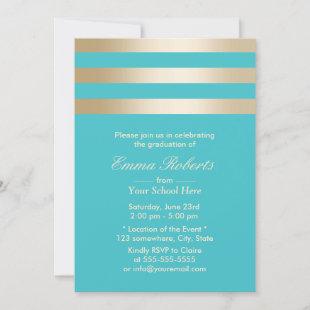 Modern Turquoise Gold Stripes Graduation Invitation