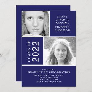 Modern Tw0 Photo Blue Graduation Invitation