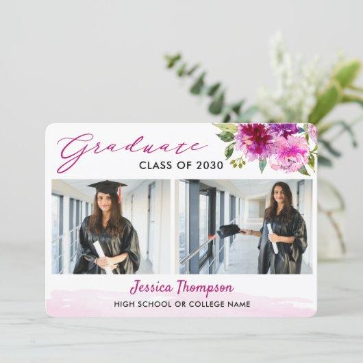 Modern Two Photo Collage Floral Graduation Party Invitation