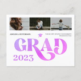 Modern typography photo collage purple graduate announcement postcard