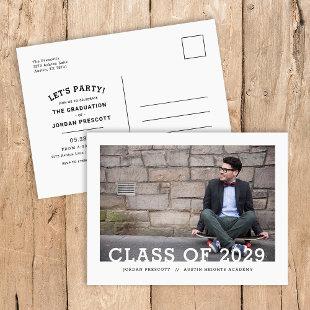 Modern Typography Photo Overlay Graduation Party Announcement Postcard