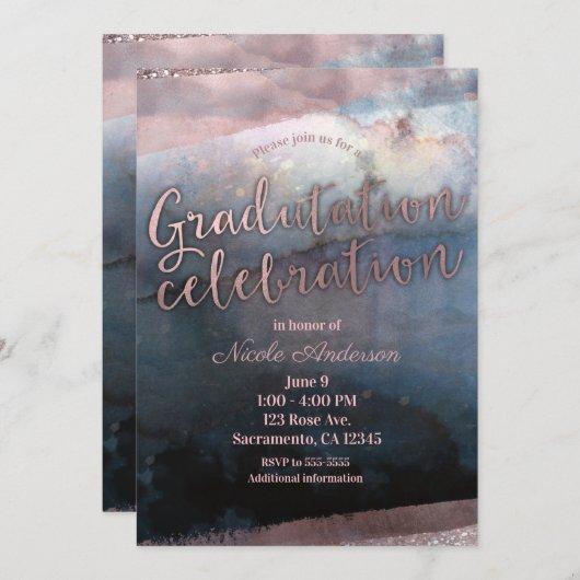 Modern Watercolor Blue Rose Gold Pink Graduation Invitation