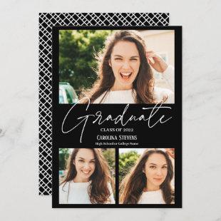 Modern white black 3 photos collage graduation announcement