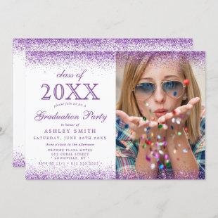 Modern White Purple Glitter Photo Graduation Invitation