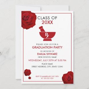 Modern White & Red Rose Pharmacist Graduation Invitation