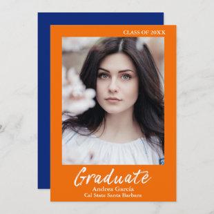 Modern White Text Orange Blue Graduate Photo Announcement