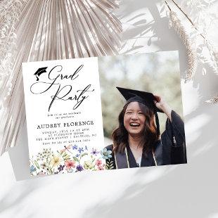 Modern  Wildflowers Floral Photo Graduation Party Invitation