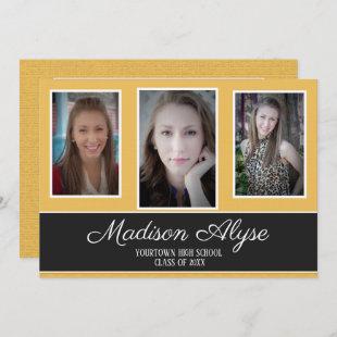 Modern Yellow Black White Three Photo Graduation Invitation