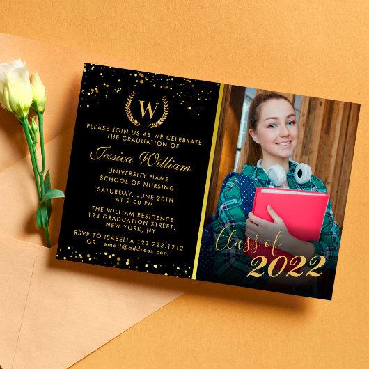 Monogram Golden Laurel Wreath Glitter Graduation Invitation