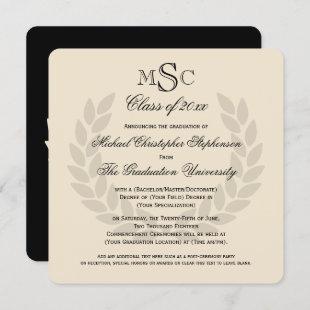 Monogram Square Classic Black College Graduation Invitation