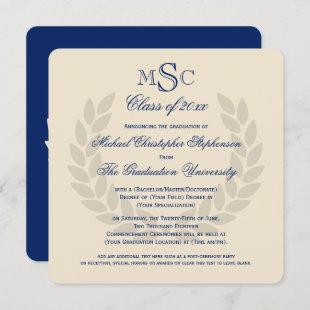 Monogram Square Classic Blue College Graduation In Invitation