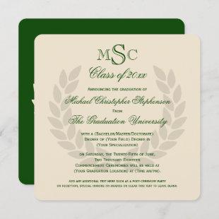 Monogram Square Classic Green College Graduation Invitation