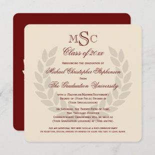 Monogram Square Classic Maroon College Graduation Invitation