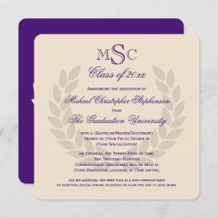 Monogram Square Classic Purple College Graduation Invitation