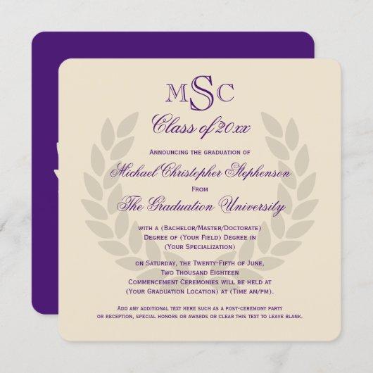 Monogram Square Classic Purple College Graduation Invitation