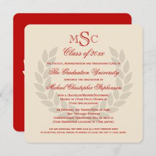 Monogram Square Classic Red College Graduation Invitation