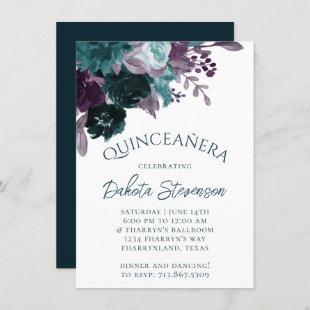 Moody Boho | Teal Dark Floral Bouquet Quinceanera Invitation