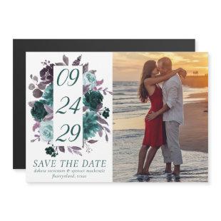 Moody Boho | Teal Dark Floral Photo Save the Date Magnetic Invitation