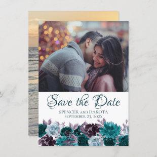 Moody Boho | Teal Turquoise Purple Floral 2 Photo Save The Date