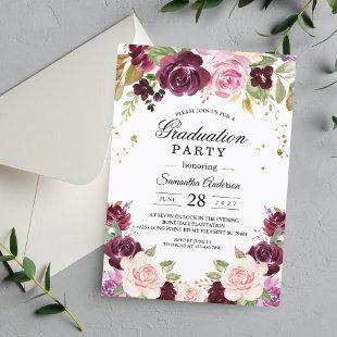 Moody & Rustic Burgundy Watercolor Flowers & Leaf Invitation